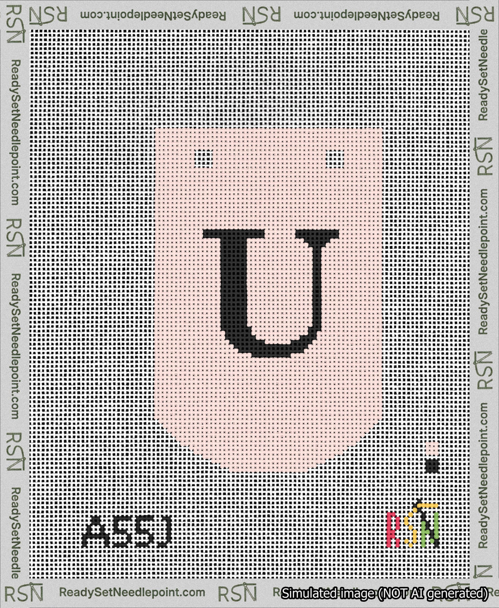 A taped needlepoint canvas with the design: Banner 13 mesh count Curved U Black on Pink.