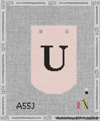 A taped needlepoint canvas with the design: Banner 13 mesh count Curved U Black on Pink.
