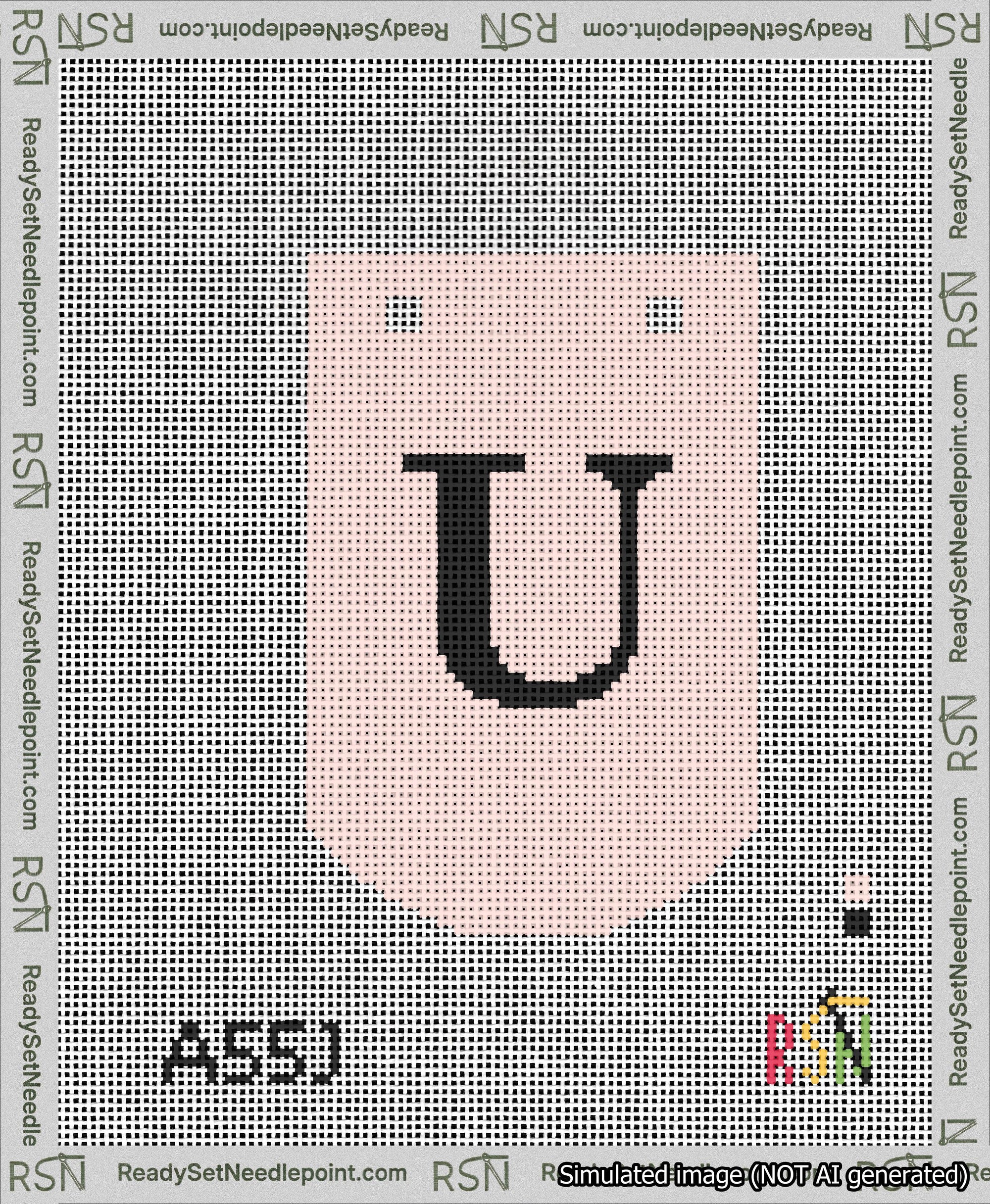 A taped needlepoint canvas with the design: Banner 13 mesh count Curved U Black on Pink.