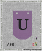 A taped needlepoint canvas with the design: Banner 13 mesh count Curved U Black on Purple.