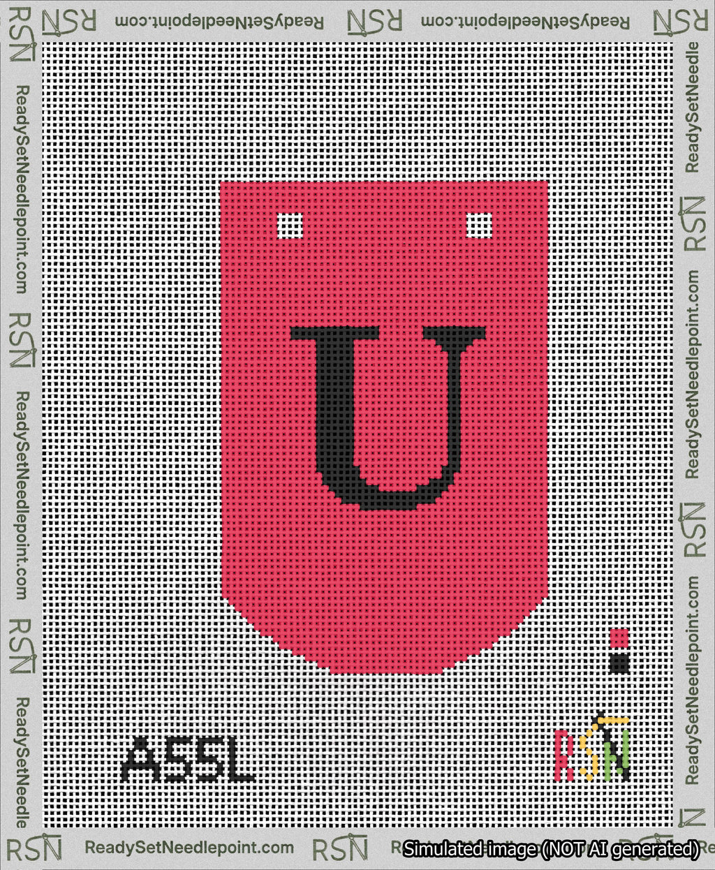 A taped needlepoint canvas with the design: Banner 13 mesh count Curved U Black on Red.