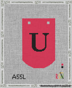 A taped needlepoint canvas with the design: Banner 13 mesh count Curved U Black on Red.