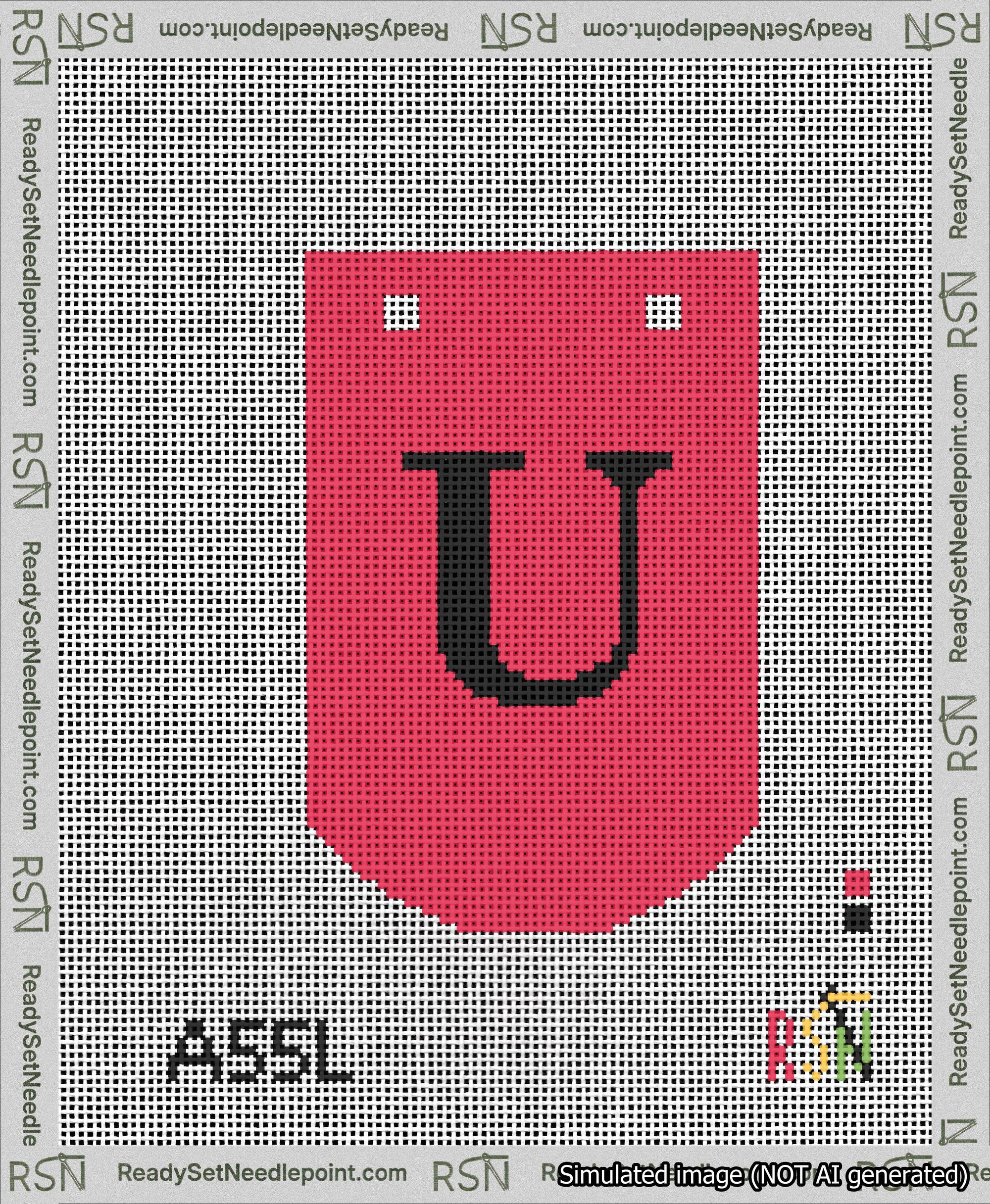 A taped needlepoint canvas with the design: Banner 13 mesh count Curved U Black on Red.