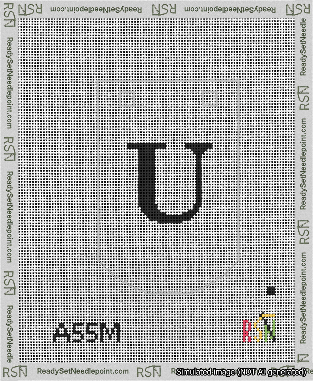 A taped needlepoint canvas with the design: Banner 13 mesh count Curved U Black on White.