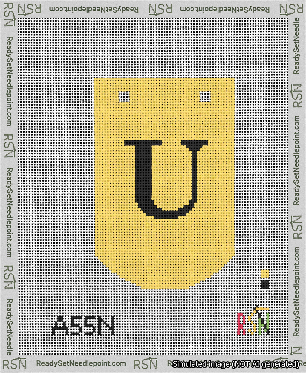 A taped needlepoint canvas with the design: Banner 13 mesh count Curved U Black on Yellow.