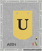A taped needlepoint canvas with the design: Banner 13 mesh count Curved U Black on Yellow.