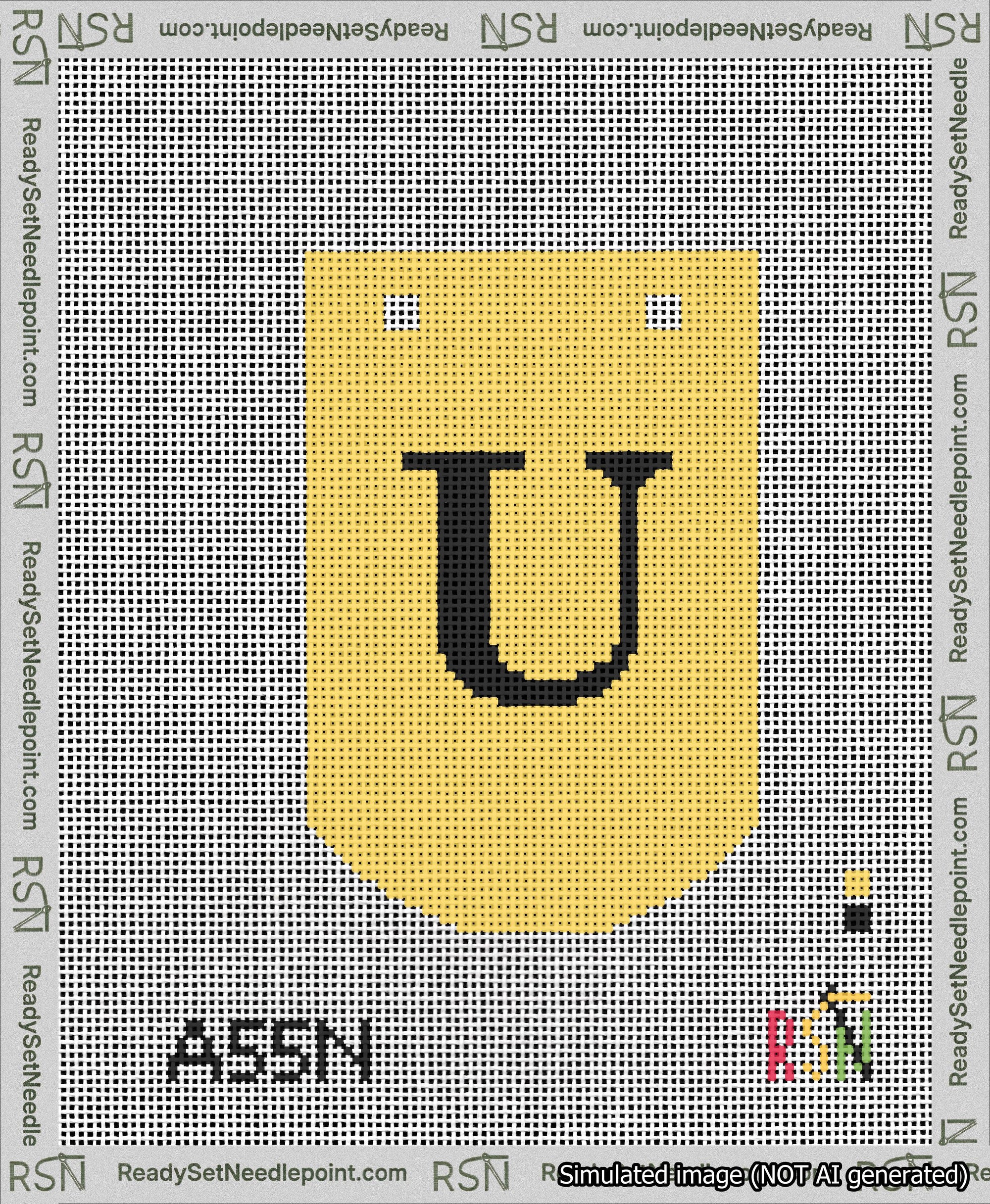 A taped needlepoint canvas with the design: Banner 13 mesh count Curved U Black on Yellow.