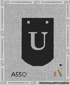 A taped needlepoint canvas with the design: Banner 13 mesh count Curved U White on Black.