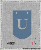 A taped needlepoint canvas with the design: Banner 13 mesh count Curved U White on Blue.