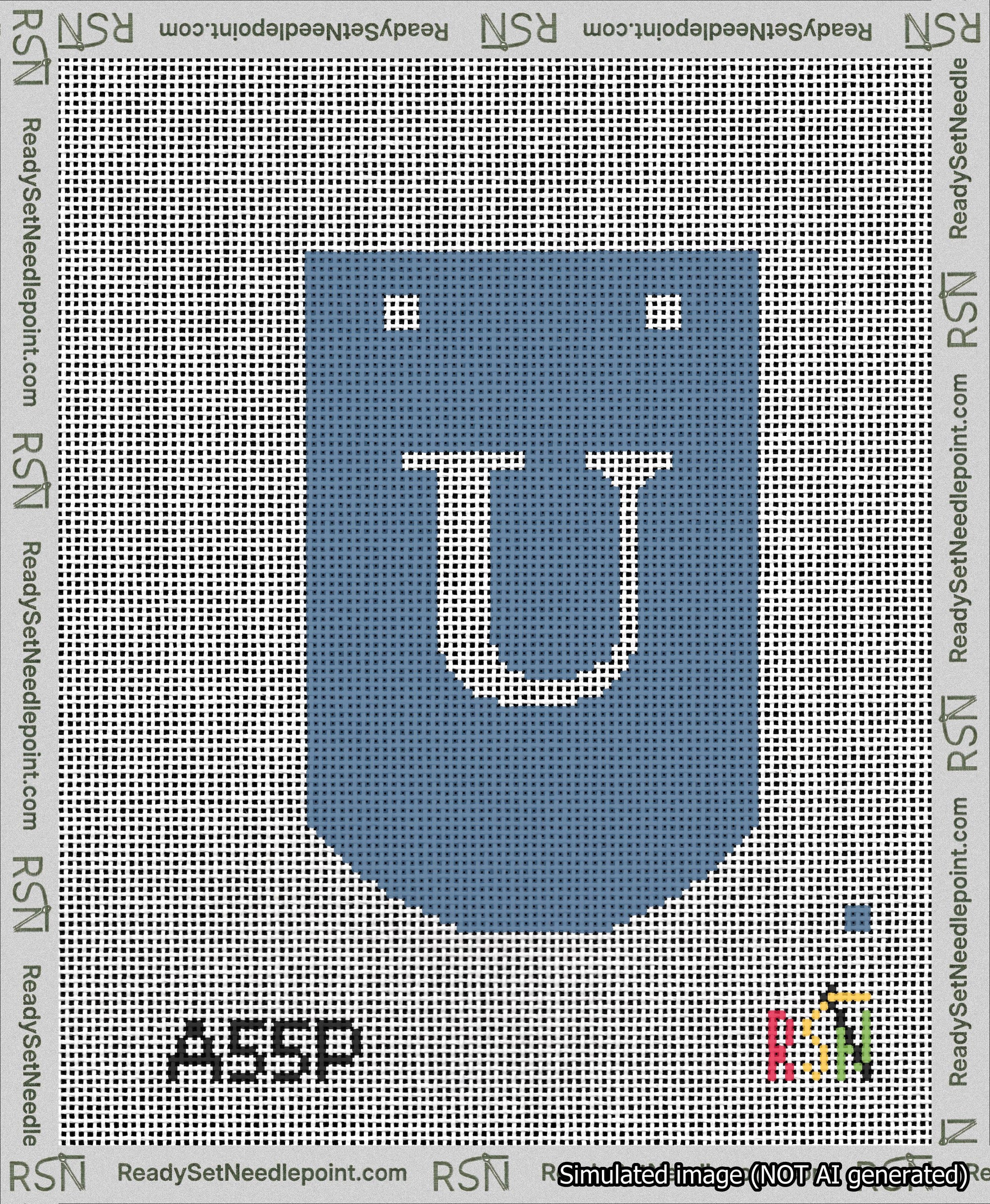 A taped needlepoint canvas with the design: Banner 13 mesh count Curved U White on Blue.
