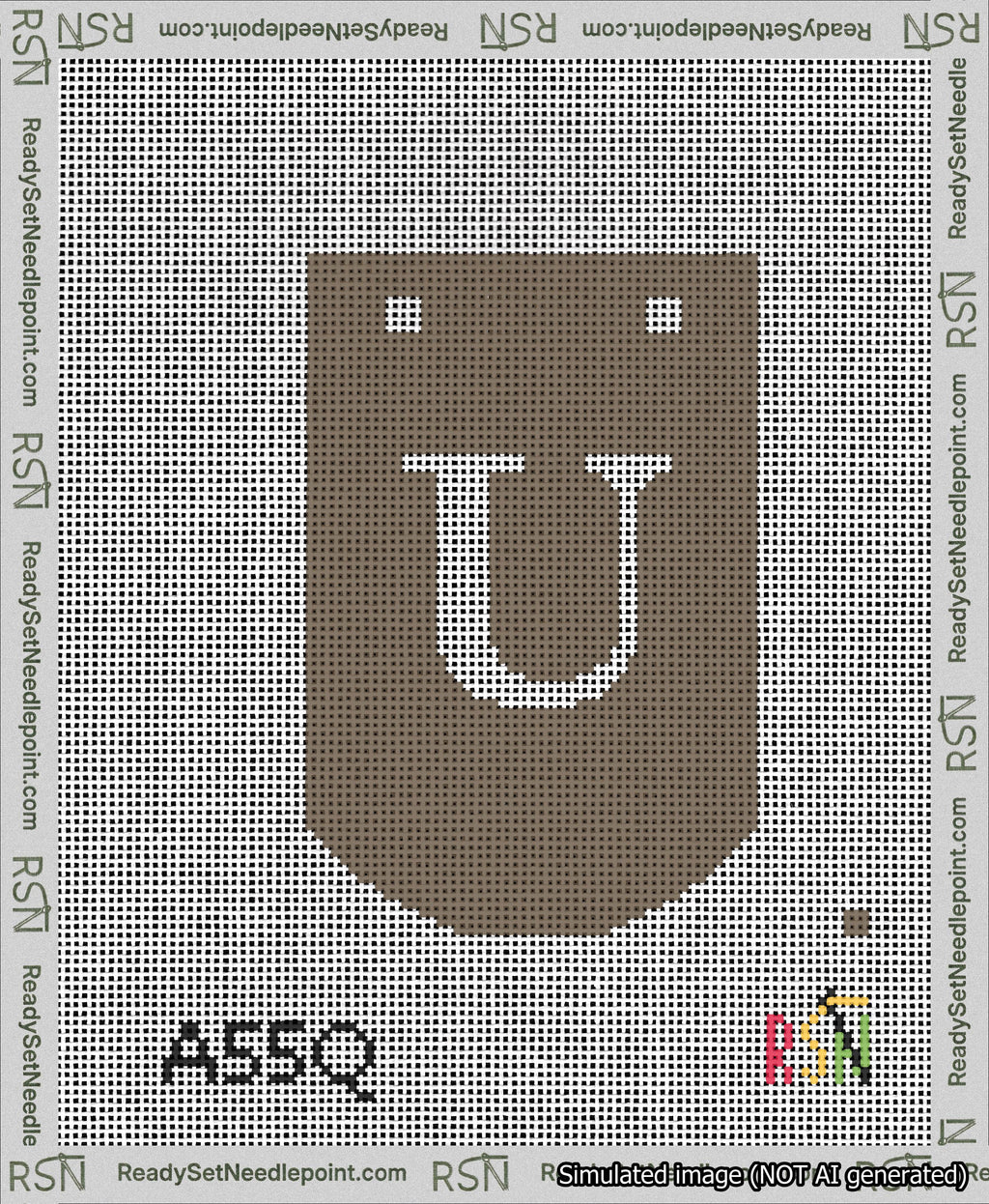 A taped needlepoint canvas with the design: Banner 13 mesh count Curved U White on Brown.