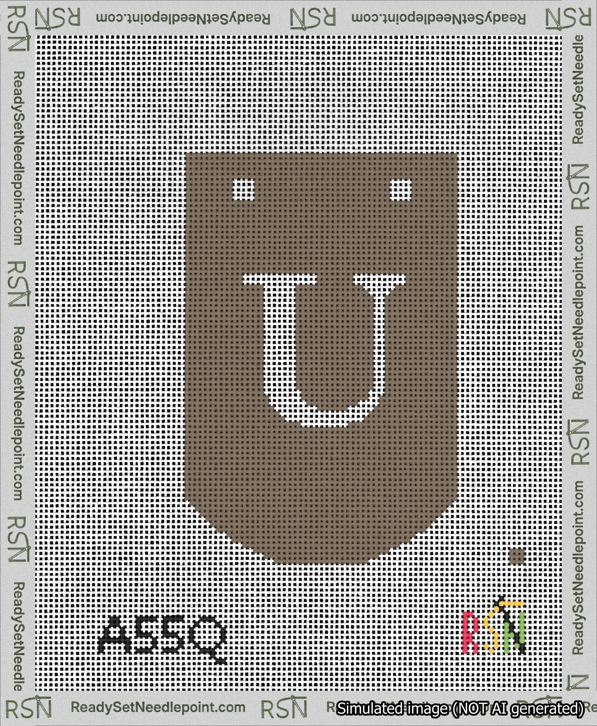 A taped needlepoint canvas with the design: Banner 13 mesh count Curved U White on Brown.