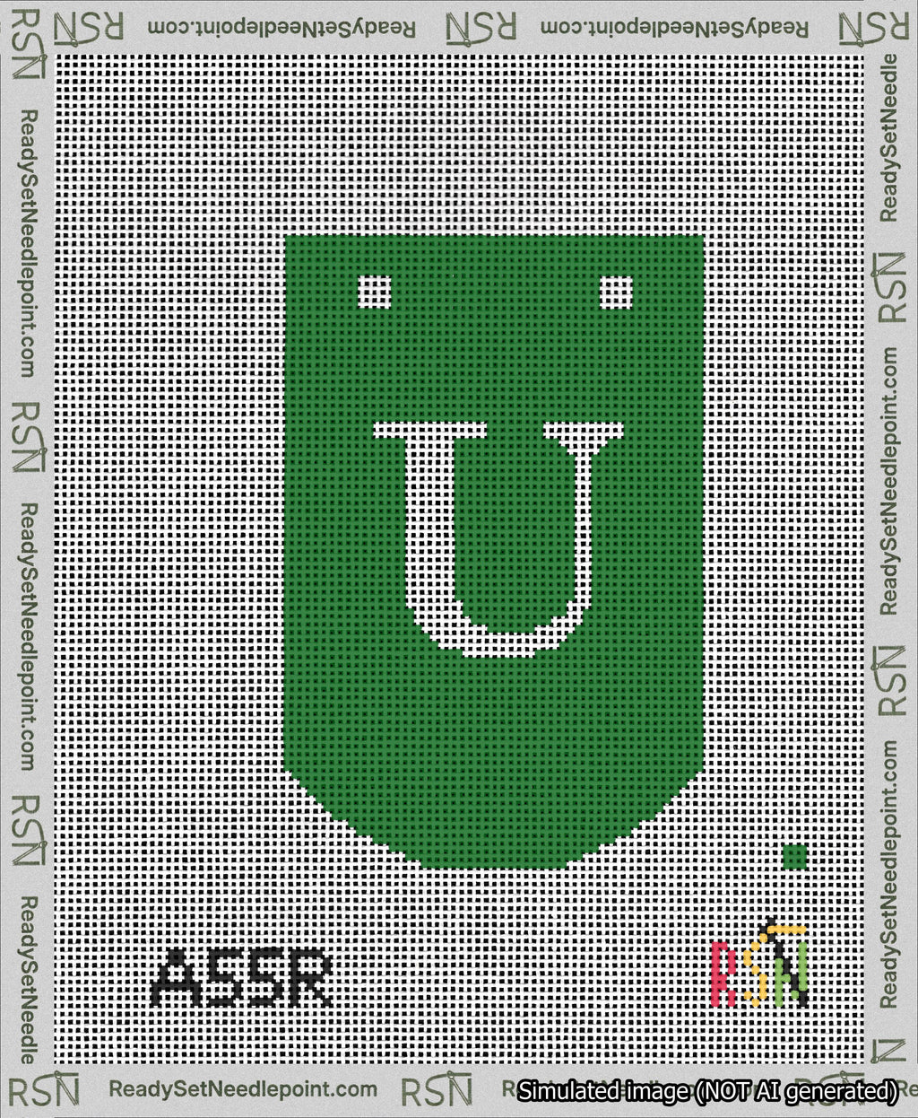 A taped needlepoint canvas with the design: Banner 13 mesh count Curved U White on Green.