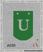 A taped needlepoint canvas with the design: Banner 13 mesh count Curved U White on Green.