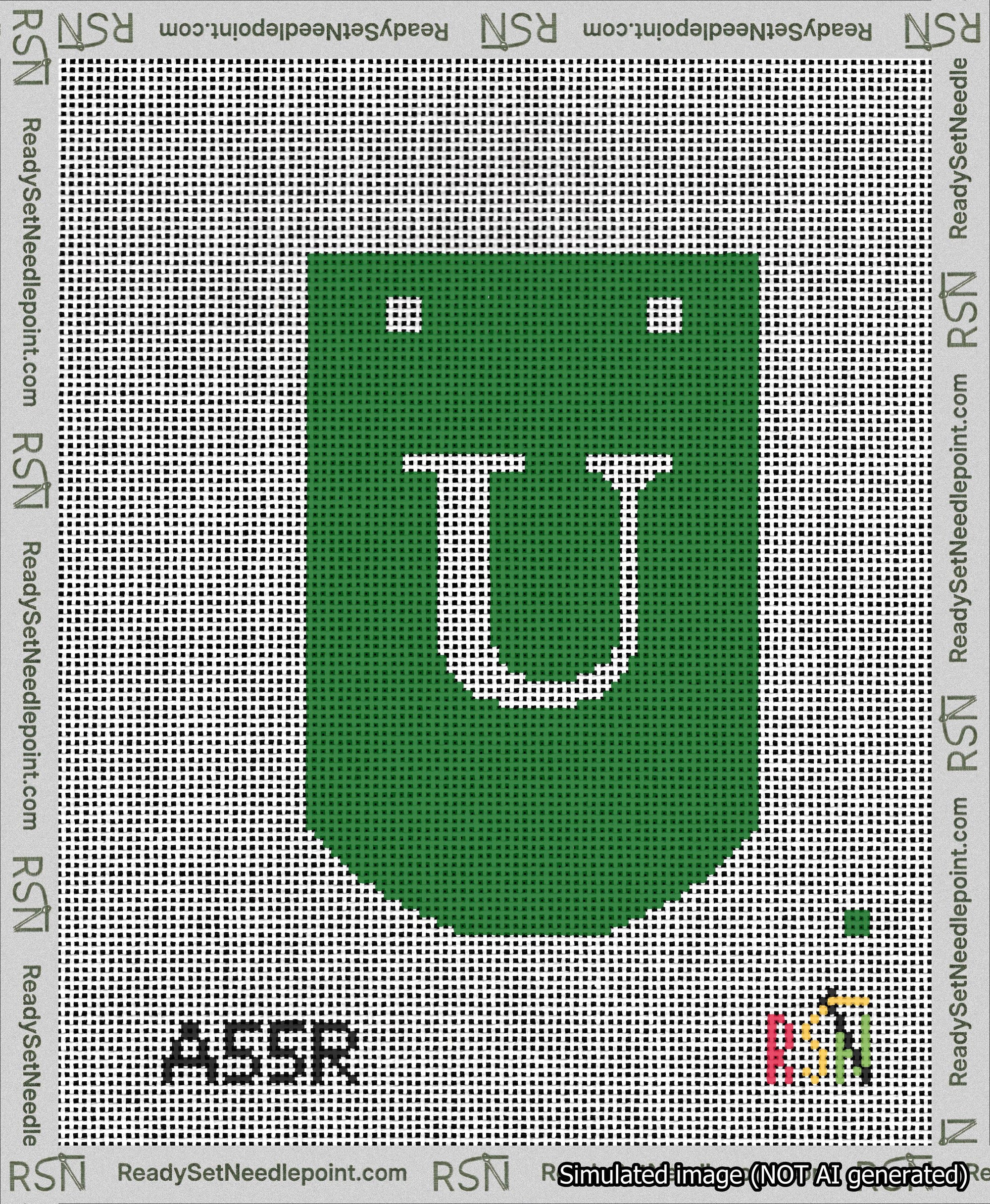 A taped needlepoint canvas with the design: Banner 13 mesh count Curved U White on Green.