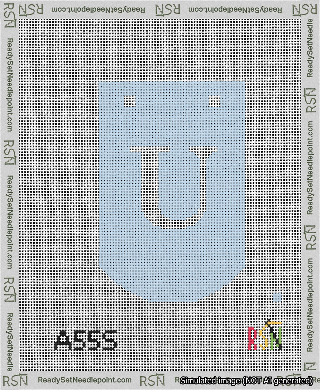 A taped needlepoint canvas with the design: Banner 13 mesh count Curved U White on Light Blue.