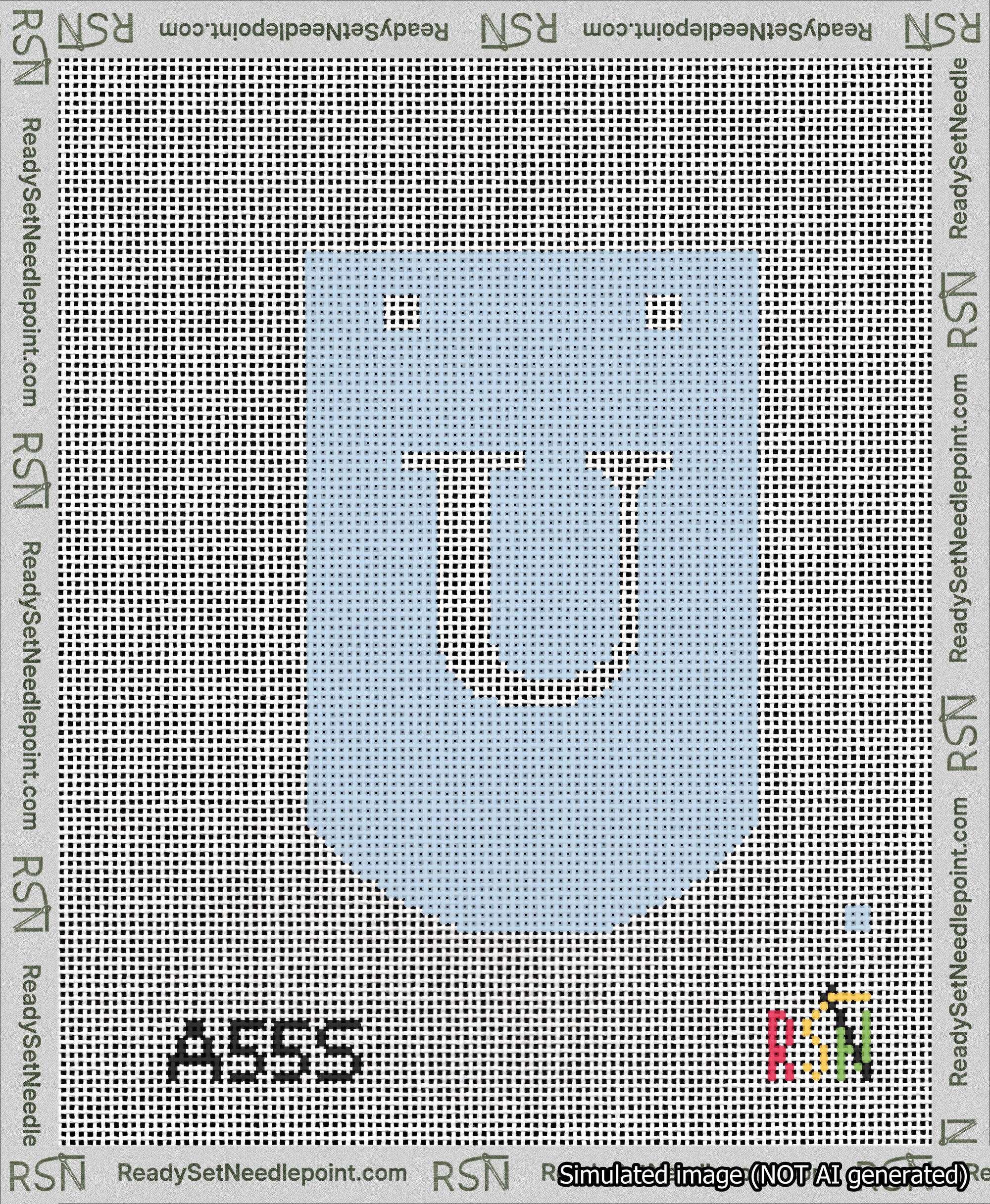 A taped needlepoint canvas with the design: Banner 13 mesh count Curved U White on Light Blue.