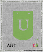 A taped needlepoint canvas with the design: Banner 13 mesh count Curved U White on Light Green.