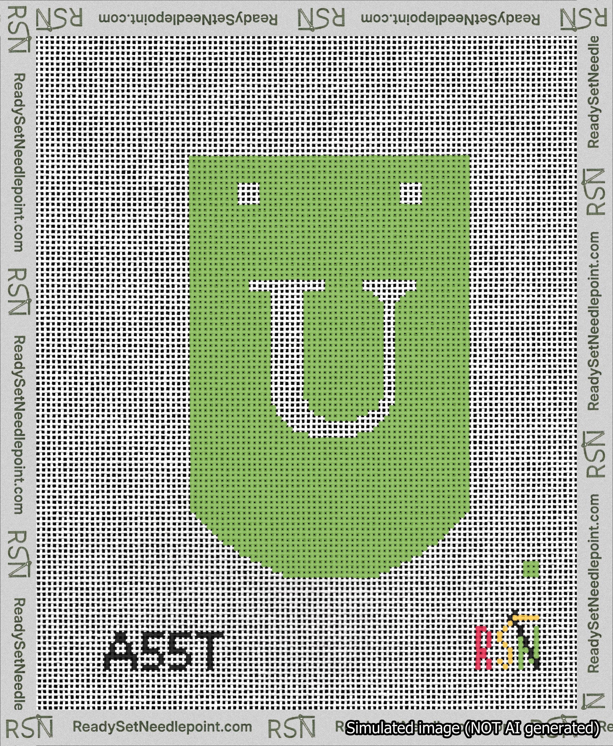 A taped needlepoint canvas with the design: Banner 13 mesh count Curved U White on Light Green.