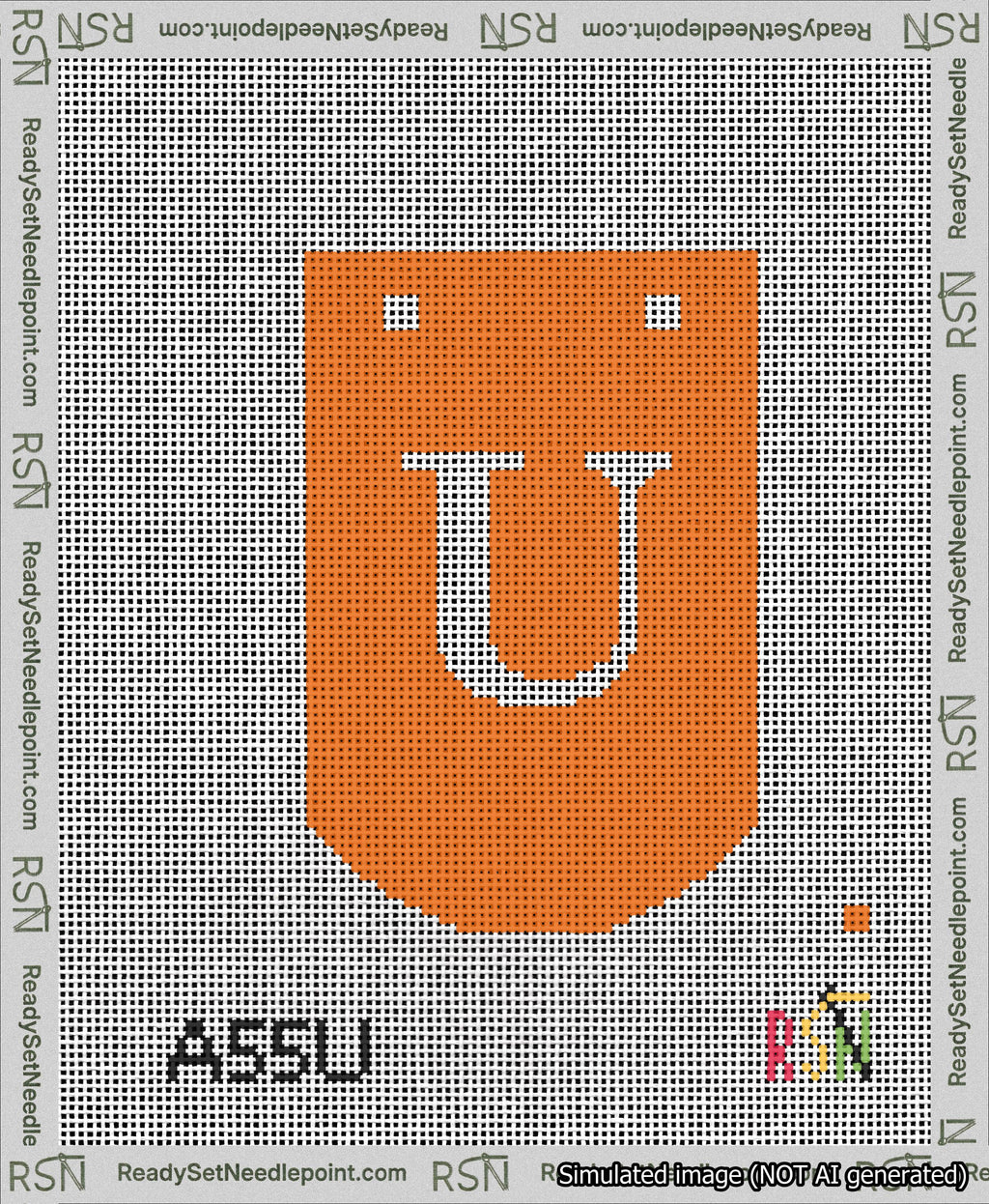 A taped needlepoint canvas with the design: Banner 13 mesh count Curved U White on Orange.