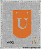 A taped needlepoint canvas with the design: Banner 13 mesh count Curved U White on Orange.