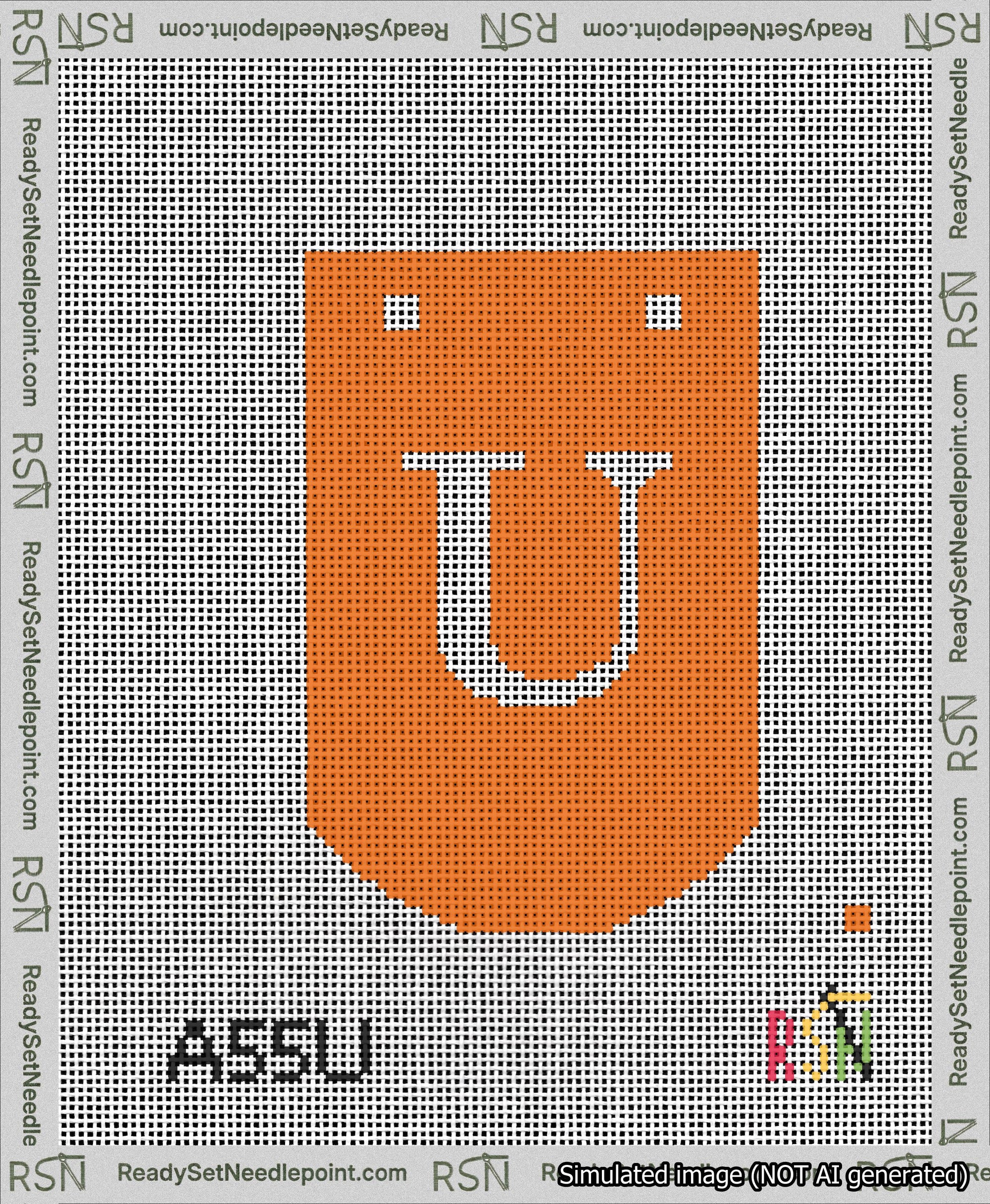 A taped needlepoint canvas with the design: Banner 13 mesh count Curved U White on Orange.