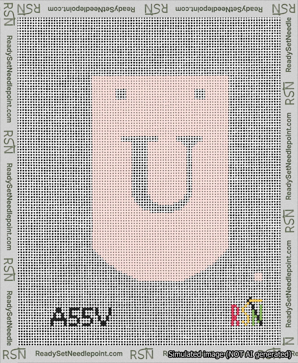 A taped needlepoint canvas with the design: Banner 13 mesh count Curved U White on Pink.