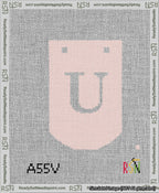 A taped needlepoint canvas with the design: Banner 13 mesh count Curved U White on Pink.