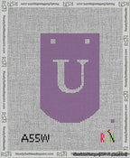 A taped needlepoint canvas with the design: Banner 13 mesh count Curved U White on Purple.