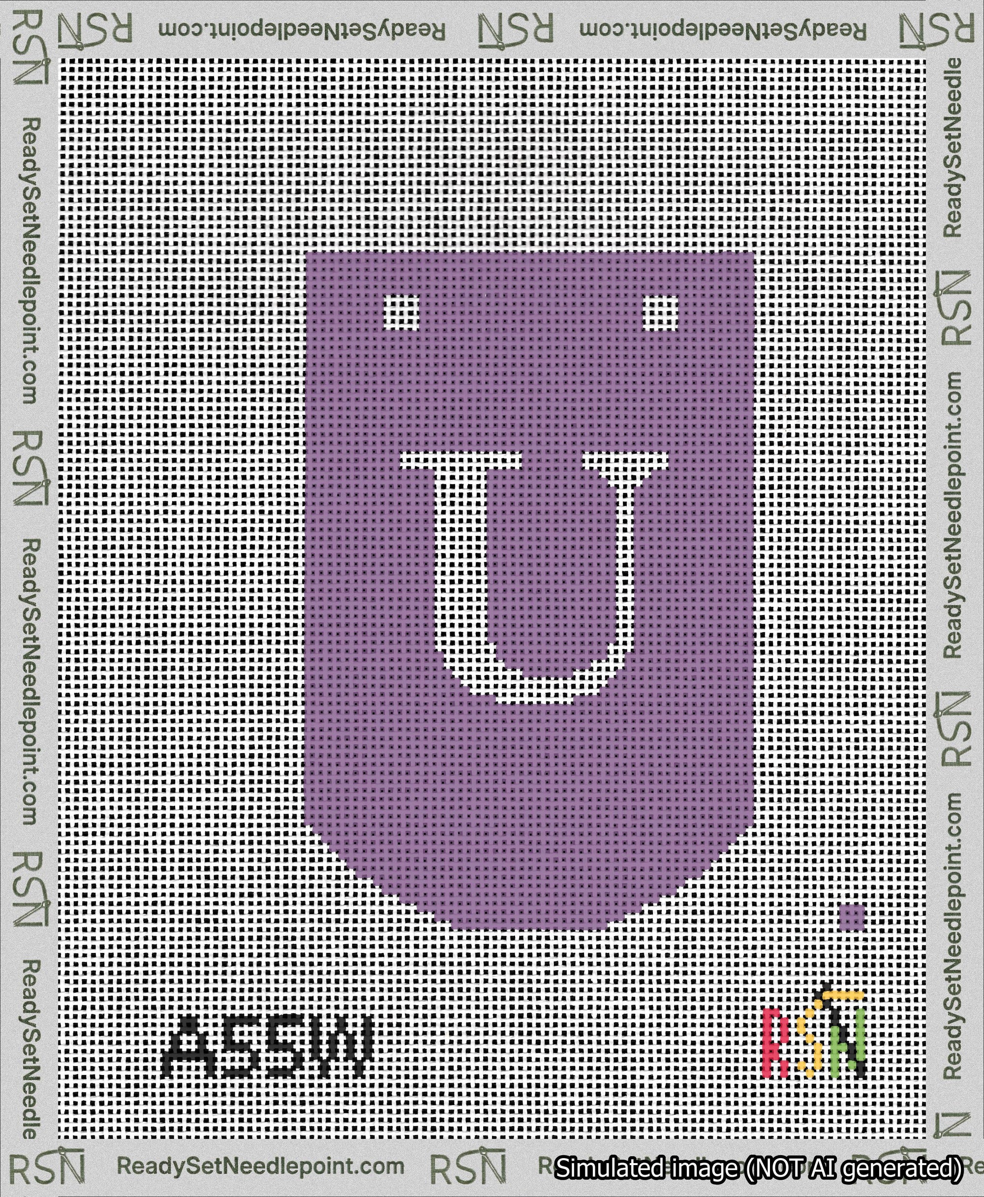 A taped needlepoint canvas with the design: Banner 13 mesh count Curved U White on Purple.