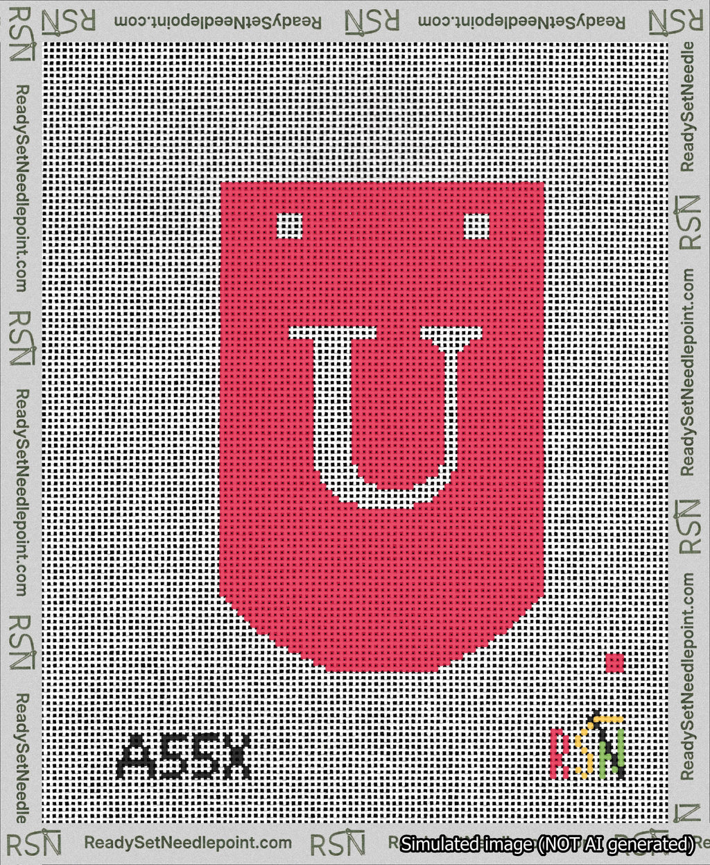 A taped needlepoint canvas with the design: Banner 13 mesh count Curved U White on Red.