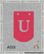 A taped needlepoint canvas with the design: Banner 13 mesh count Curved U White on Red.