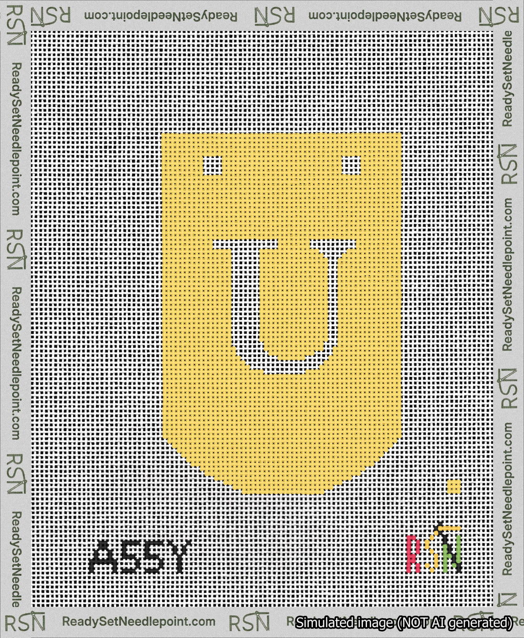 A taped needlepoint canvas with the design: Banner 13 mesh count Curved U White on Yellow.