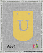 A taped needlepoint canvas with the design: Banner 13 mesh count Curved U White on Yellow.