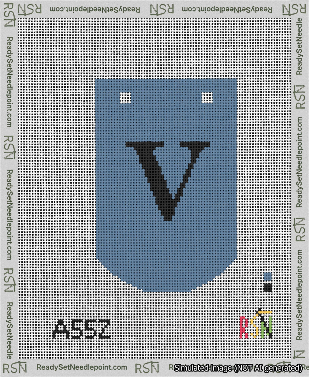 A taped needlepoint canvas with the design: Banner 13 mesh count Curved V Black on Blue.
