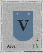 A taped needlepoint canvas with the design: Banner 13 mesh count Curved V Black on Blue.