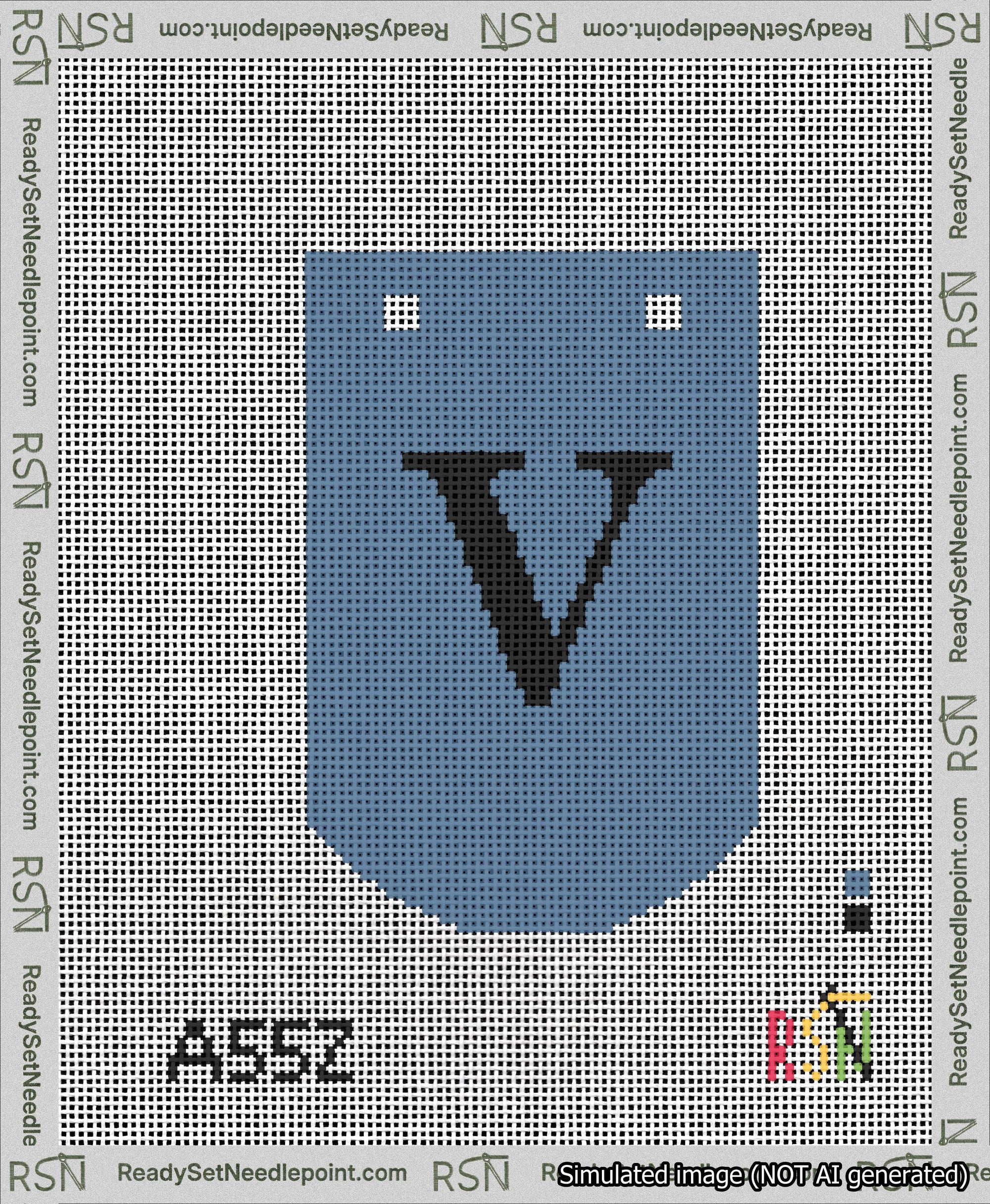 A taped needlepoint canvas with the design: Banner 13 mesh count Curved V Black on Blue.