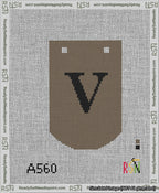 A taped needlepoint canvas with the design: Banner 13 mesh count Curved V Black on Brown.