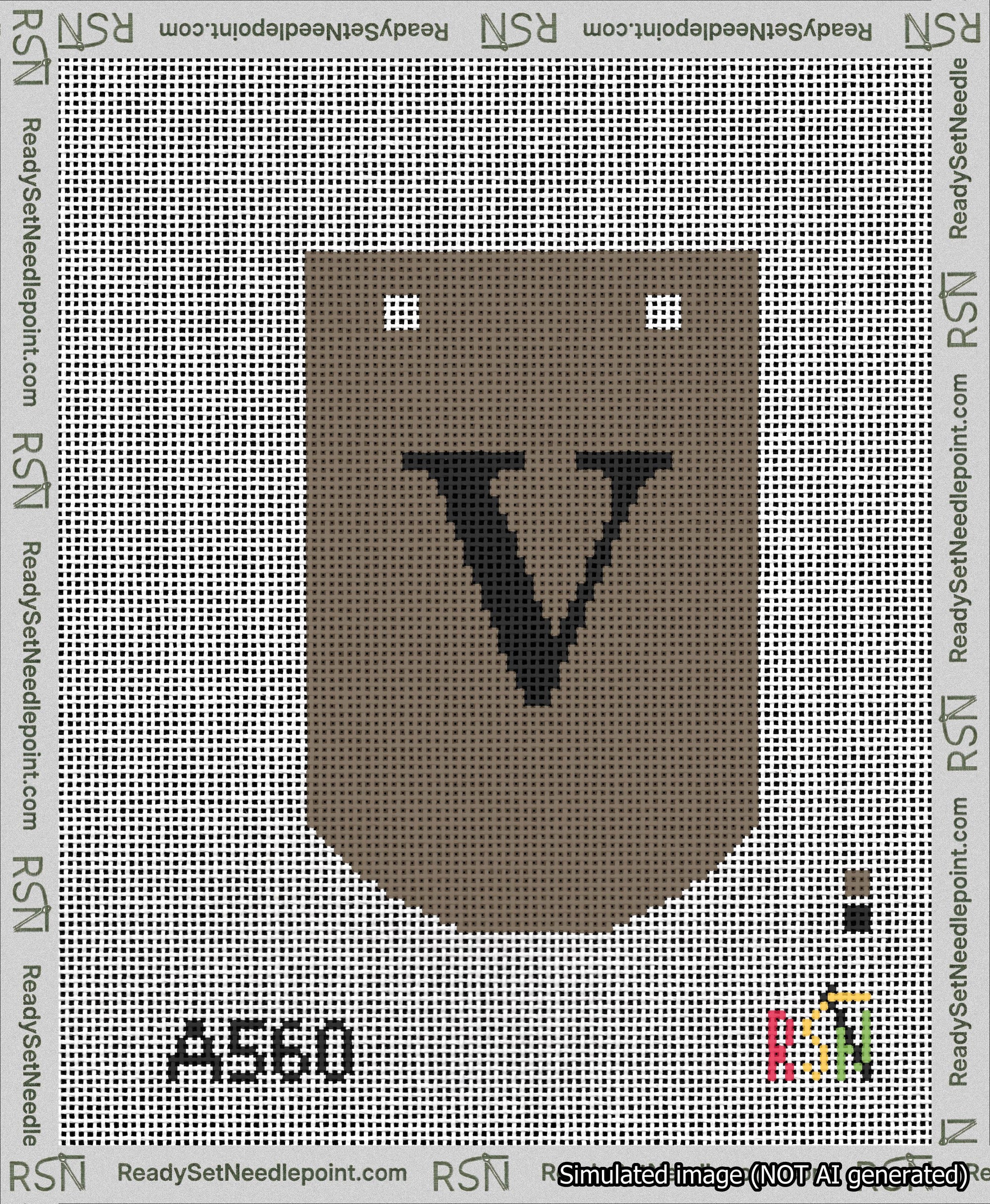 A taped needlepoint canvas with the design: Banner 13 mesh count Curved V Black on Brown.