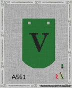 A taped needlepoint canvas with the design: Banner 13 mesh count Curved V Black on Green.