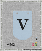 A taped needlepoint canvas with the design: Banner 13 mesh count Curved V Black on Light Blue.