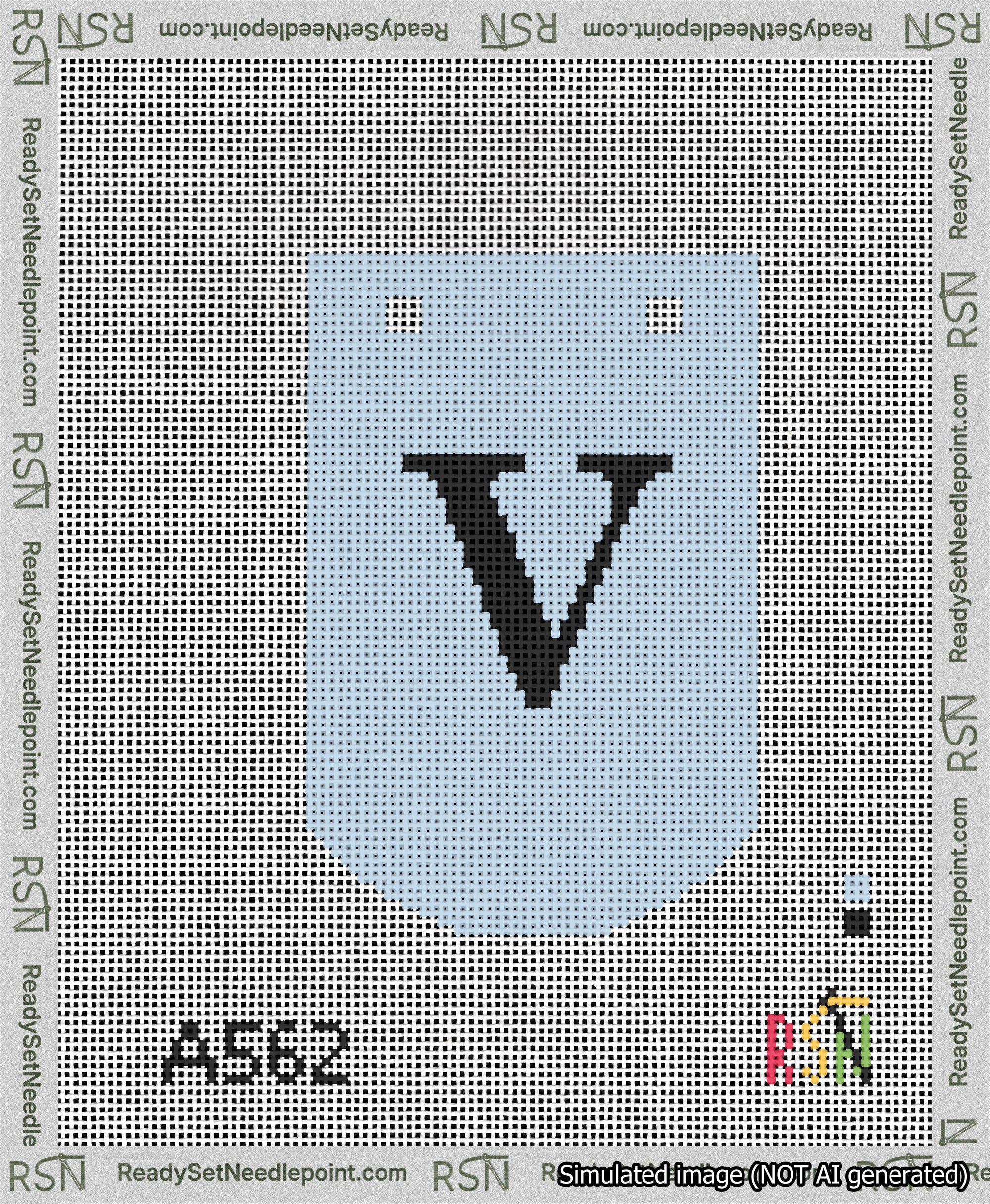 A taped needlepoint canvas with the design: Banner 13 mesh count Curved V Black on Light Blue.