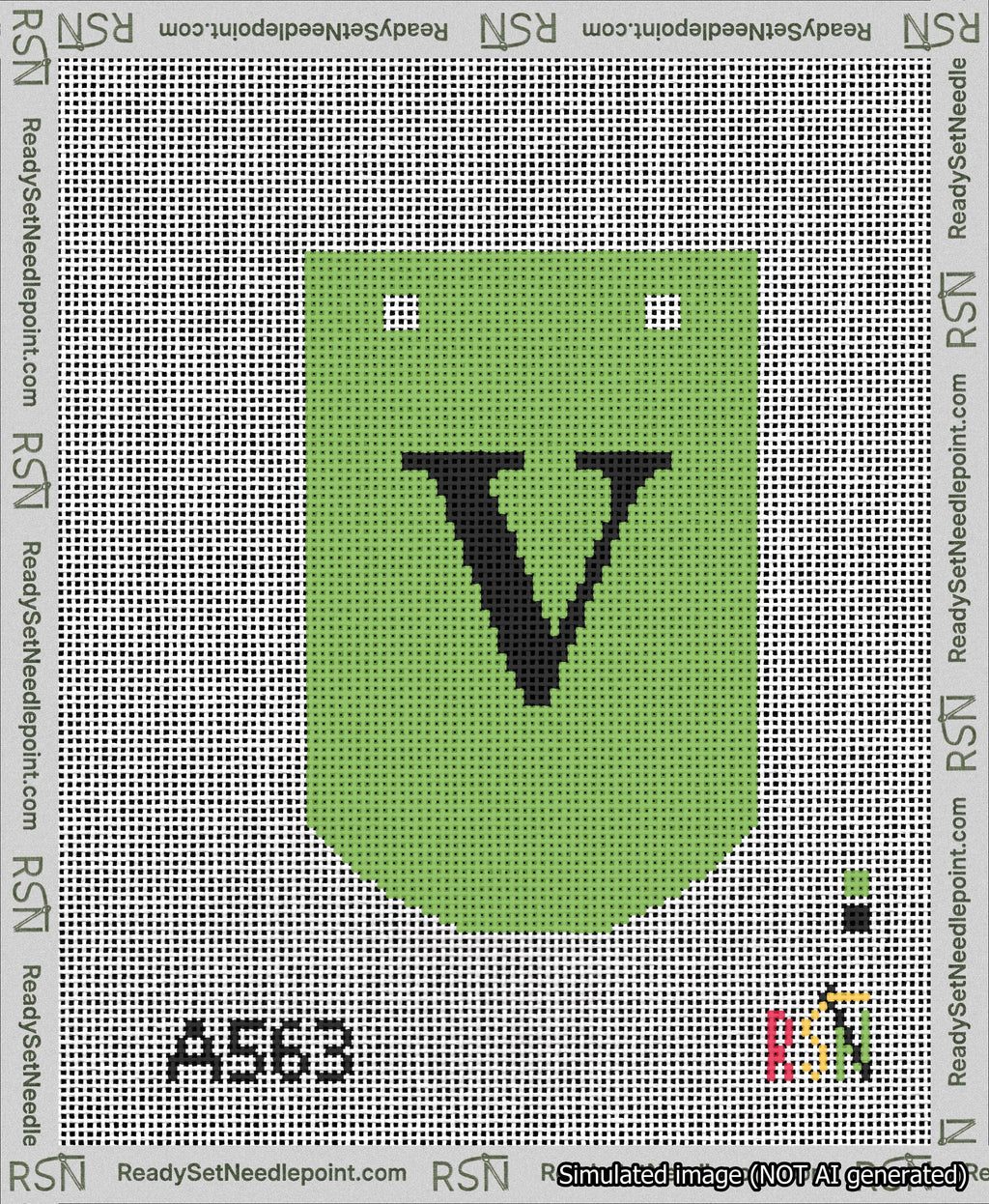 A taped needlepoint canvas with the design: Banner 13 mesh count Curved V Black on Light Green.
