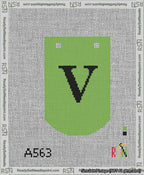 A taped needlepoint canvas with the design: Banner 13 mesh count Curved V Black on Light Green.
