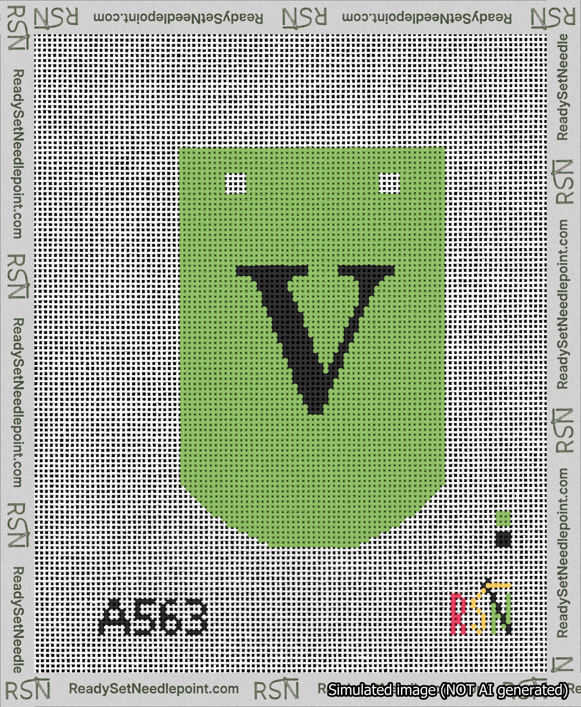 A taped needlepoint canvas with the design: Banner 13 mesh count Curved V Black on Light Green.