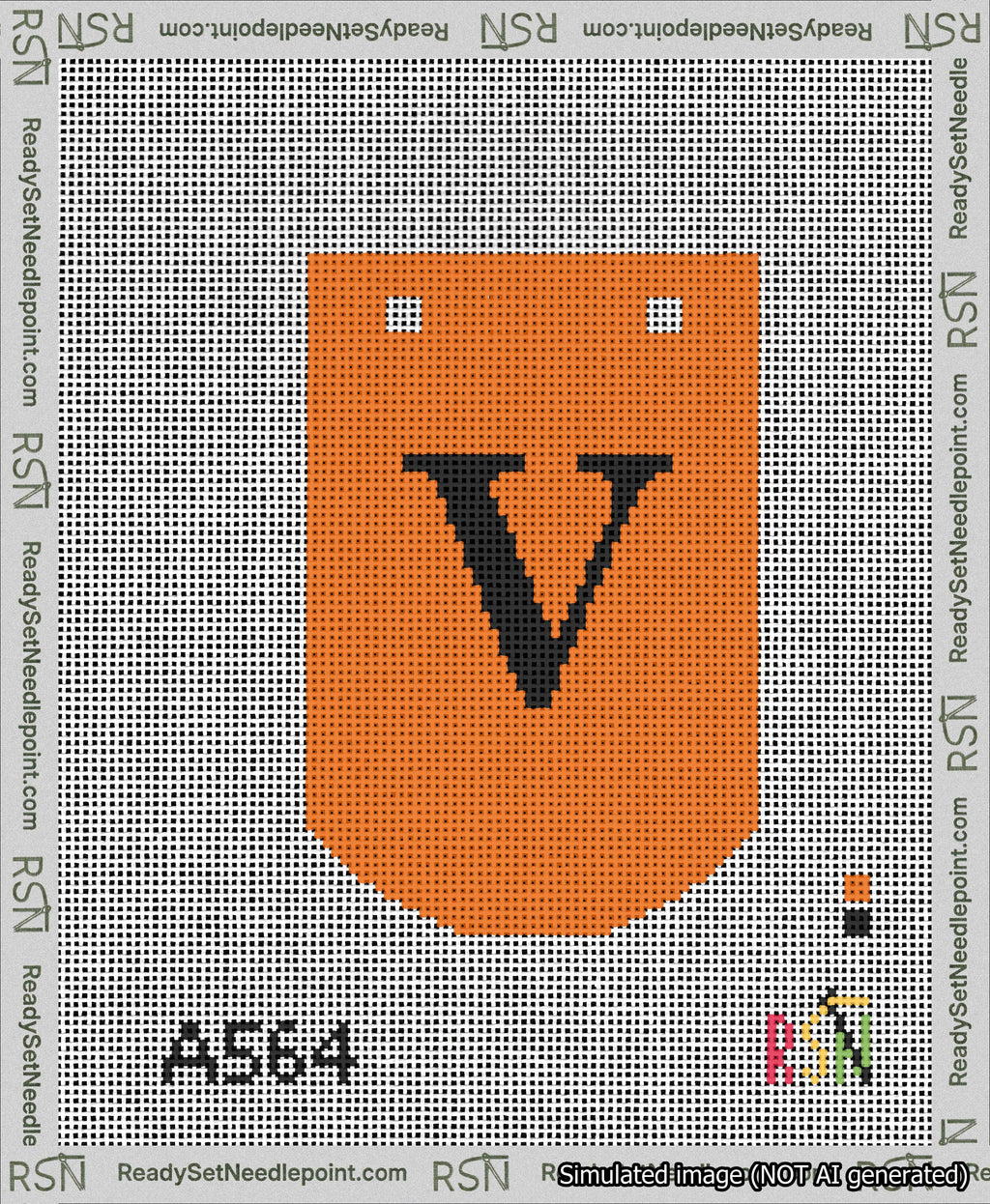 A taped needlepoint canvas with the design: Banner 13 mesh count Curved V Black on Orange.