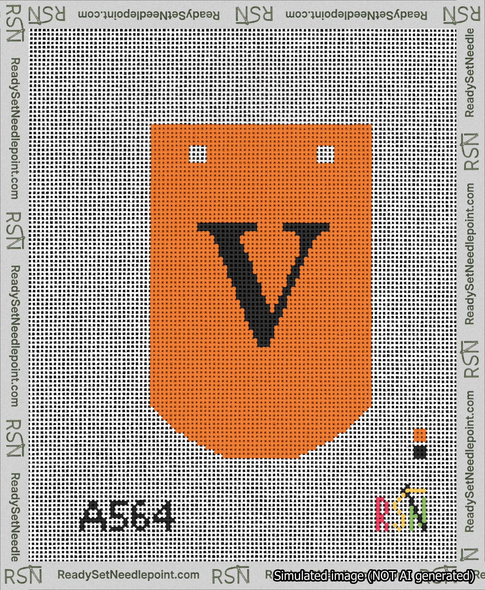 A taped needlepoint canvas with the design: Banner 13 mesh count Curved V Black on Orange.