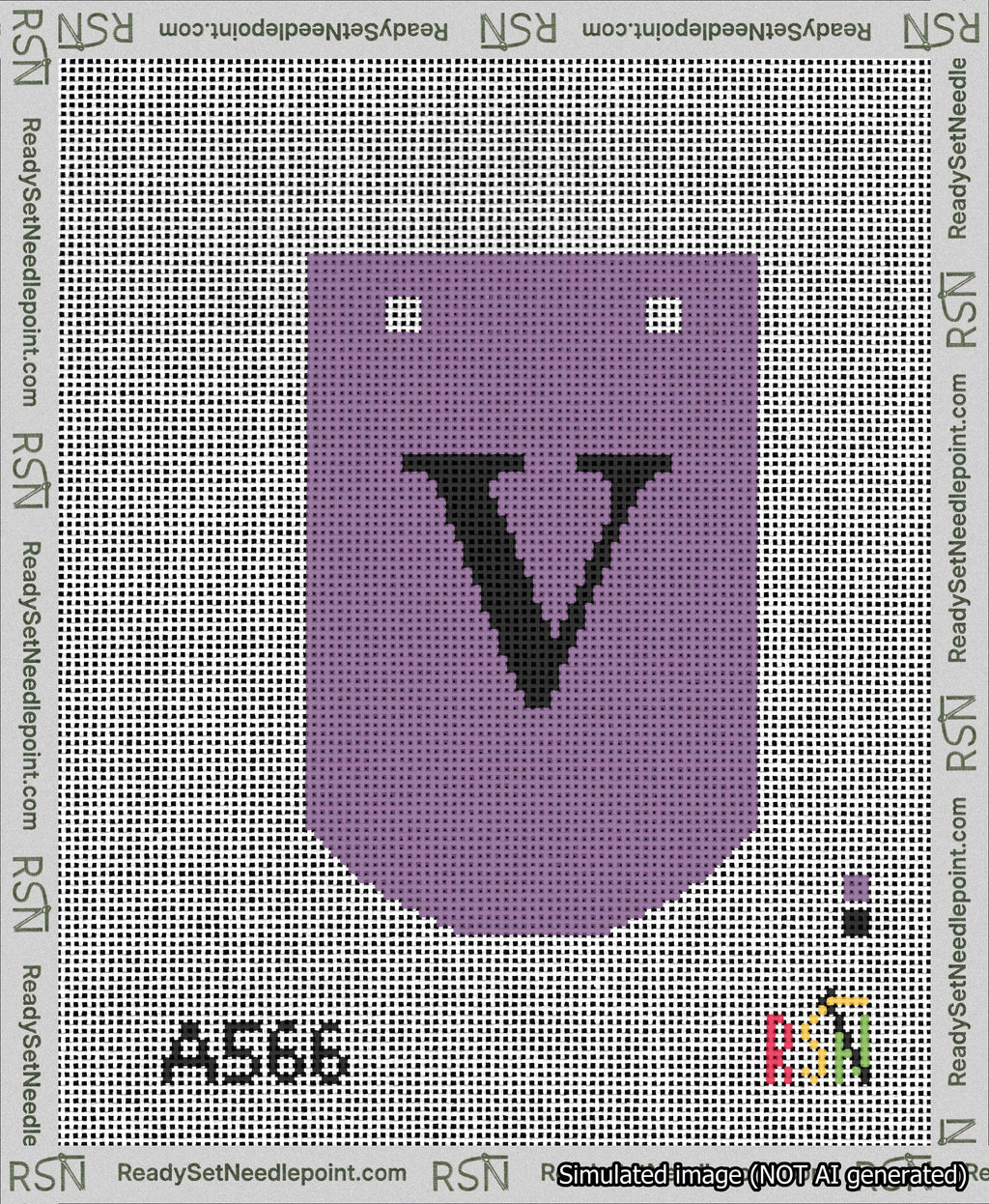 A taped needlepoint canvas with the design: Banner 13 mesh count Curved V Black on Purple.