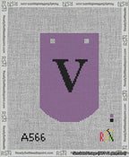 A taped needlepoint canvas with the design: Banner 13 mesh count Curved V Black on Purple.