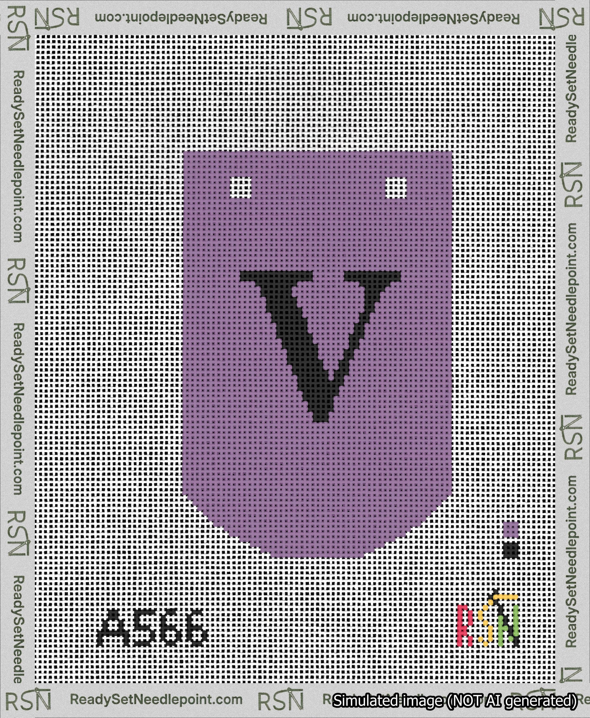 A taped needlepoint canvas with the design: Banner 13 mesh count Curved V Black on Purple.